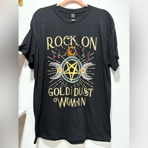 Black Gildan Tshirt with moon and stars and “rock on gold dust woman” on front
